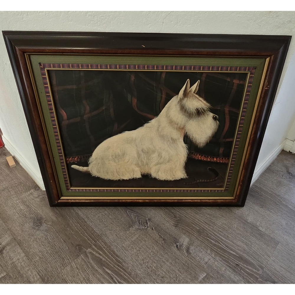 Vintage‎ Scottish Terrier Dog Painting Framed Wall Art Plaid Decor
